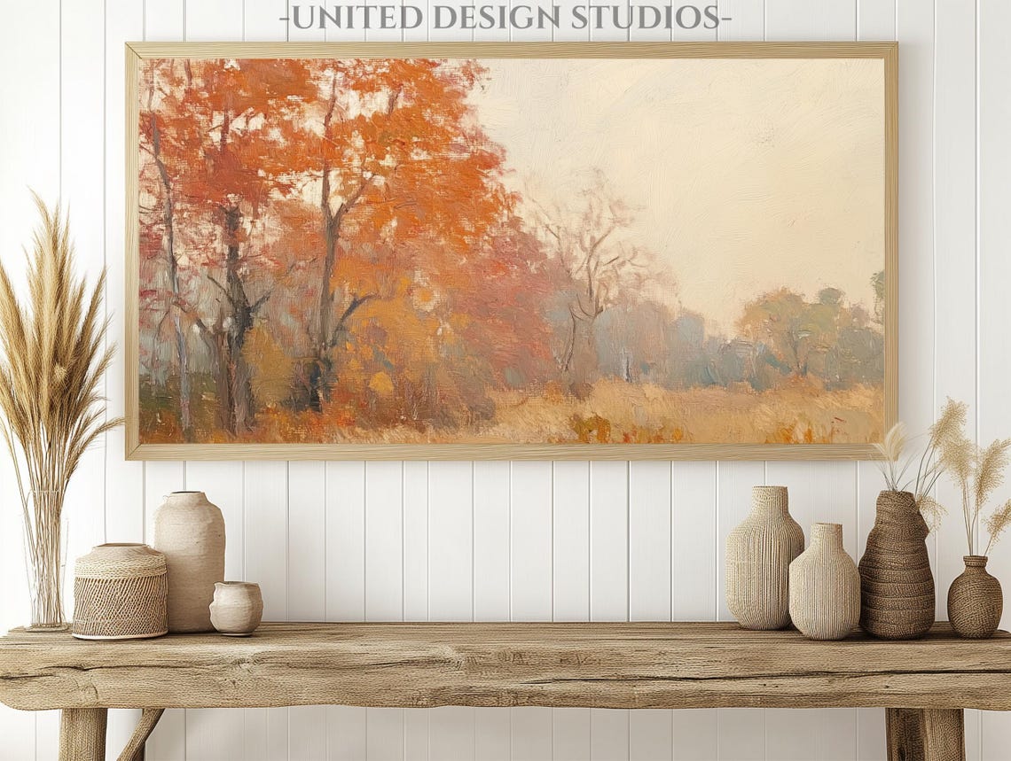 Warm Autumn Treeline Misty Orange Trees Soft Fall Frame TV Art Poster - Image 2