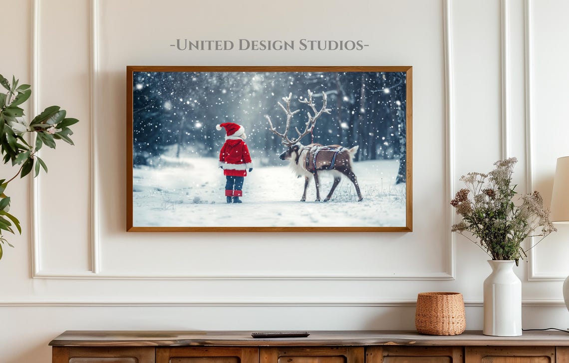 Christmas Frame Tv Art Young Santa With Reindeer Frame Tv Art Child With Reindeer Tv Art Christmas Decor Family Christmas Tv Art - Image 3