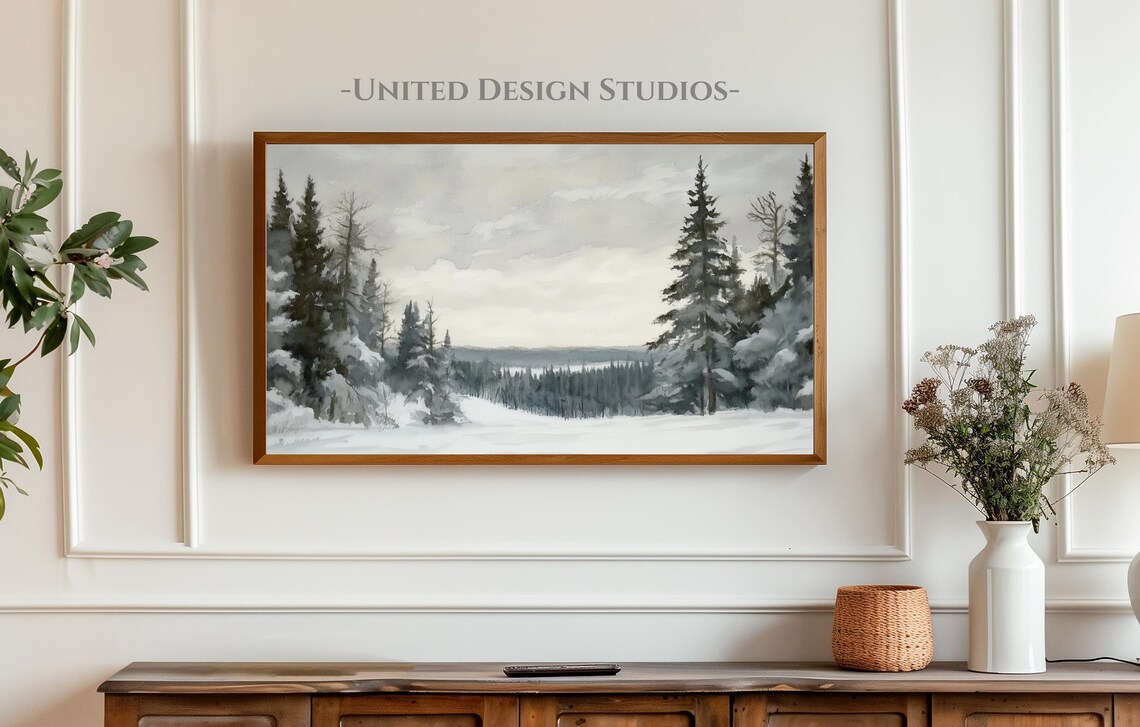 Winter Pine Forest Frozen Lake Watercolor Painting Art Print - Image 3
