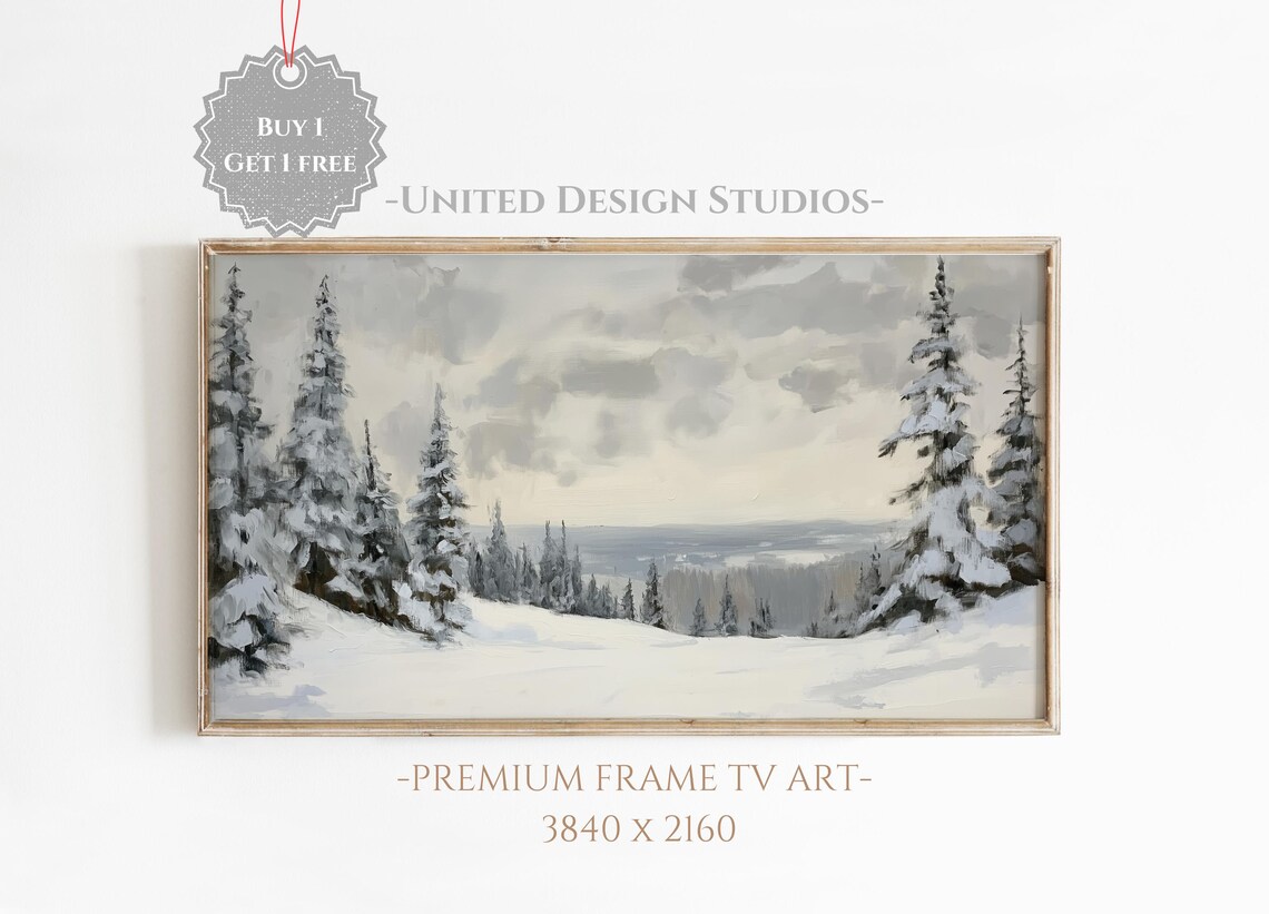 Vintage Winter Forest Painting, Pine Trees Landscape