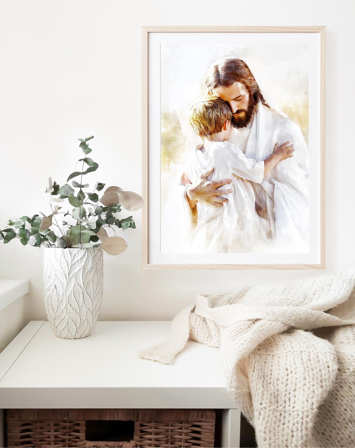 Jesus Holding Young Boy Close Watercolor Comfort Christian Faith Art Poster - Image 4