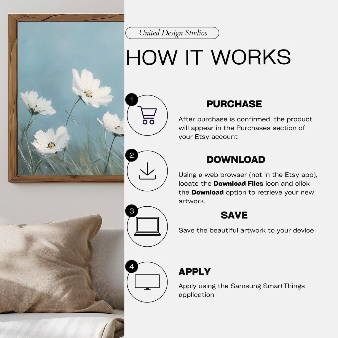 White Cosmos Wildflowers Soft Blue Sky Impressionist Floral Poster - Image 3