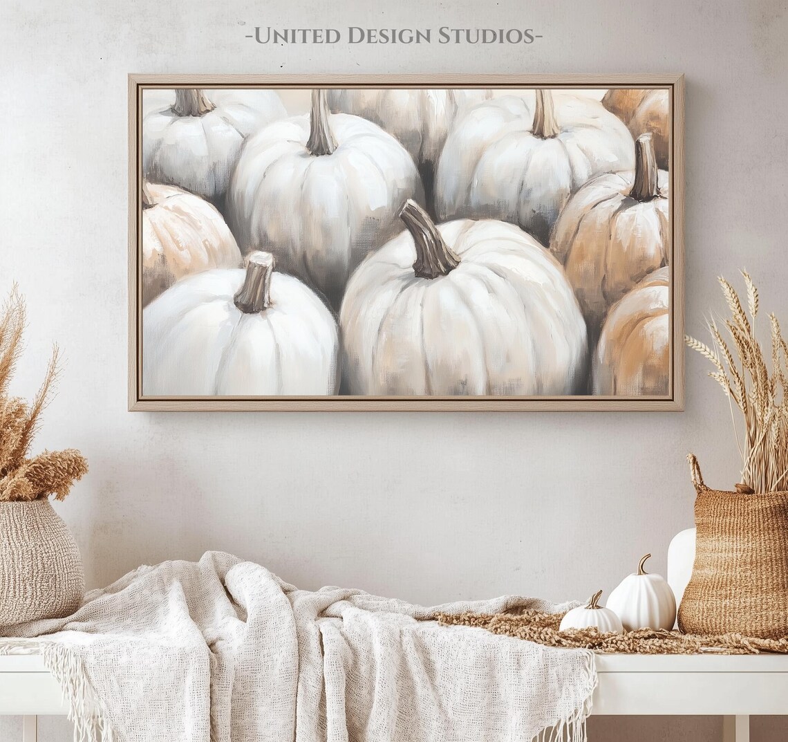 Cream White Pumpkins Harvest Still Life Neutral Fall Frame TV Art Poster - Image 4