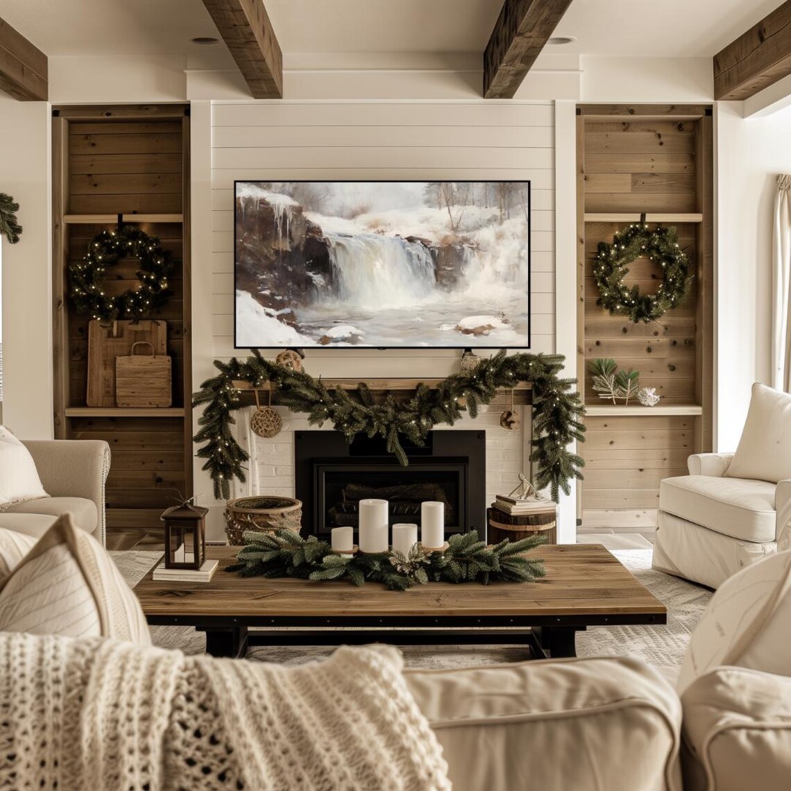 Winter Waterfall Landscape Christmas Art Print - Image 4