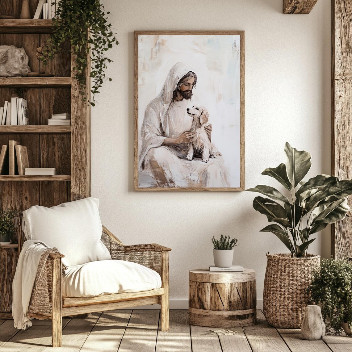 Jesus With White Puppy Neutral Oil Painting Christian Art Poster - Image 2