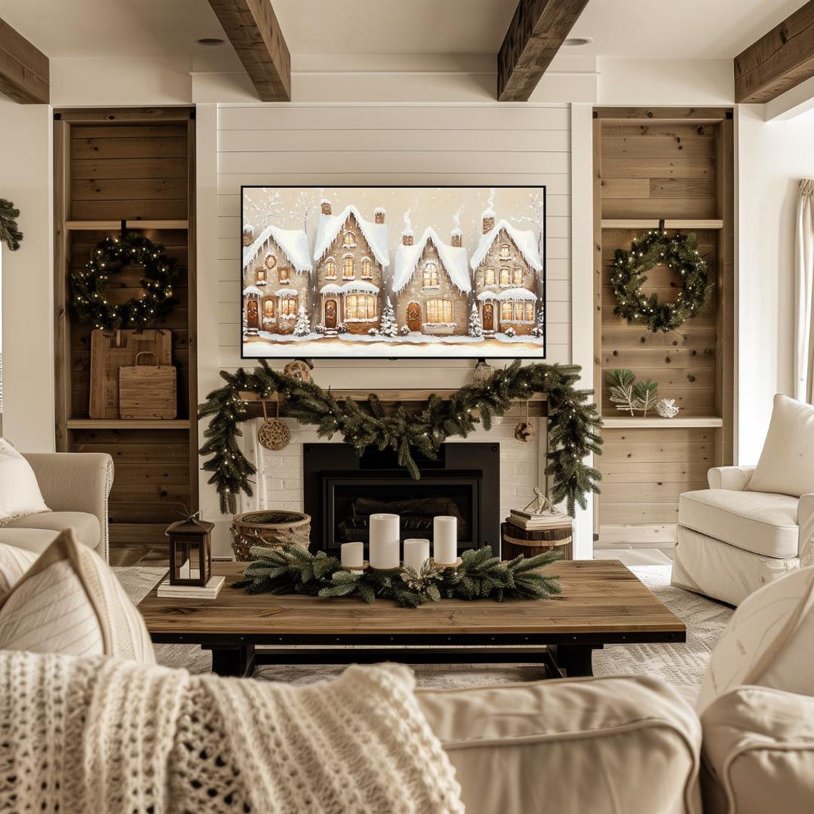 Christmas Houses Frame Tv Art Oil Painting Of Christmas Houses Frame Tv Art Christmas Village Town Tv Art Farmhouse Christmas Tv Art - Image 4