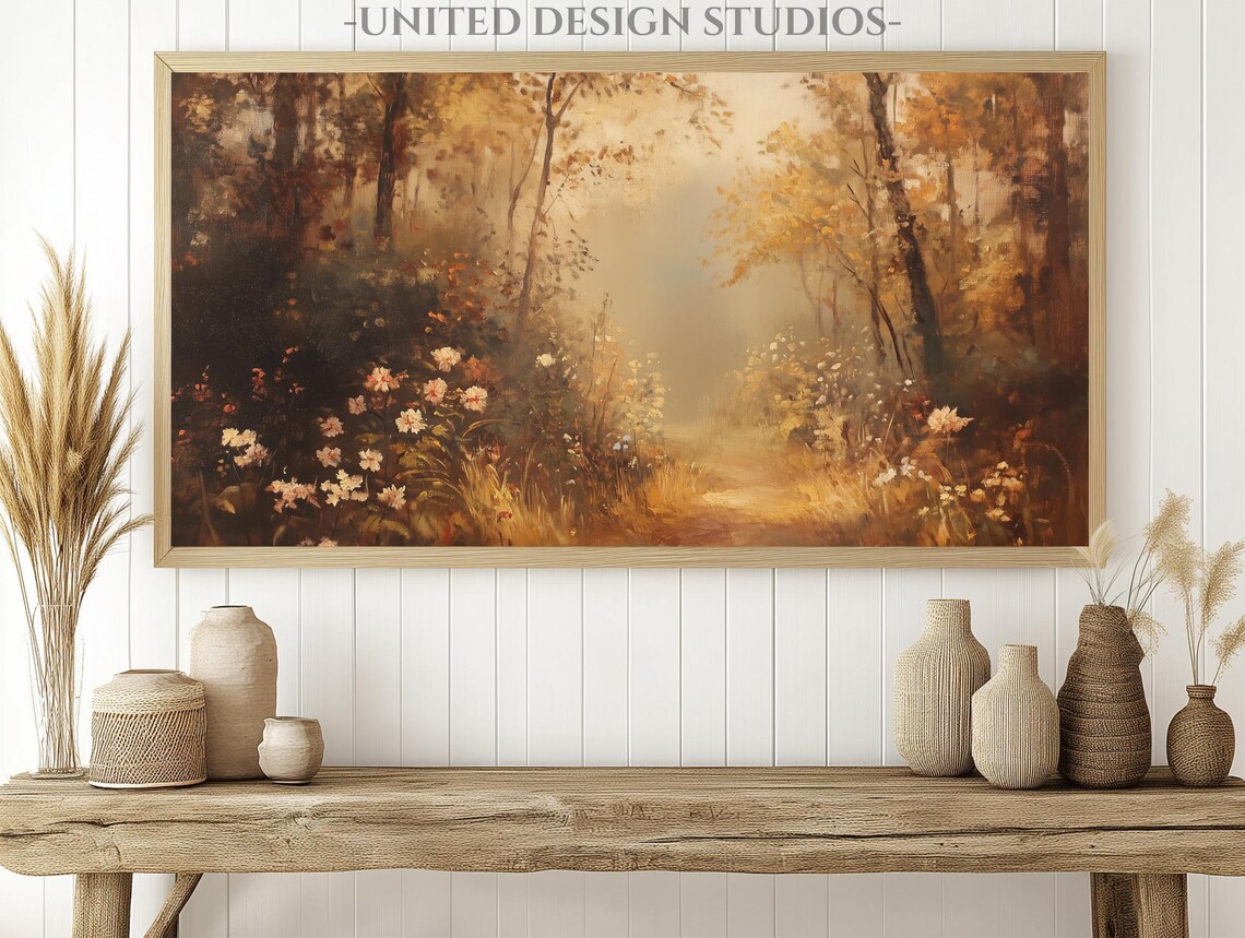 Golden Autumn Forest Painting Misty Woodland Wildflowers Wall Art - Image 3