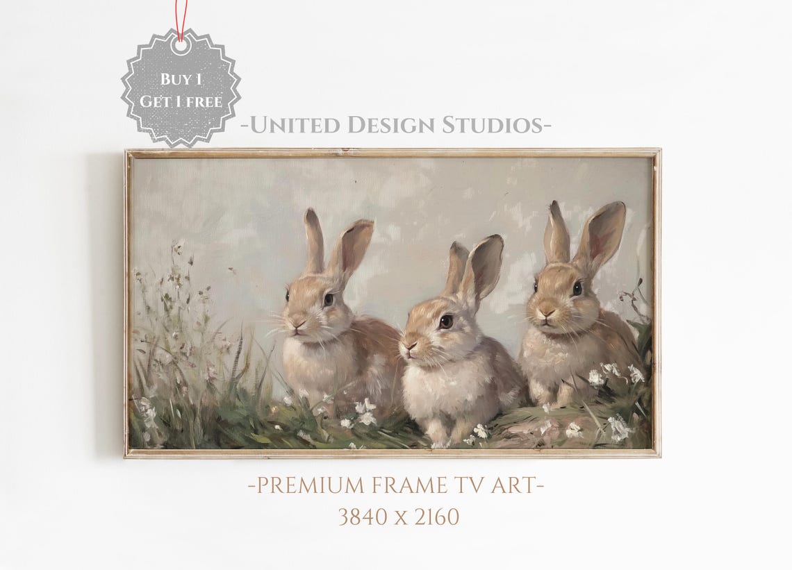 Three Baby Bunnies In Grassy Meadow Neutral Easter Rabbit Wall Art