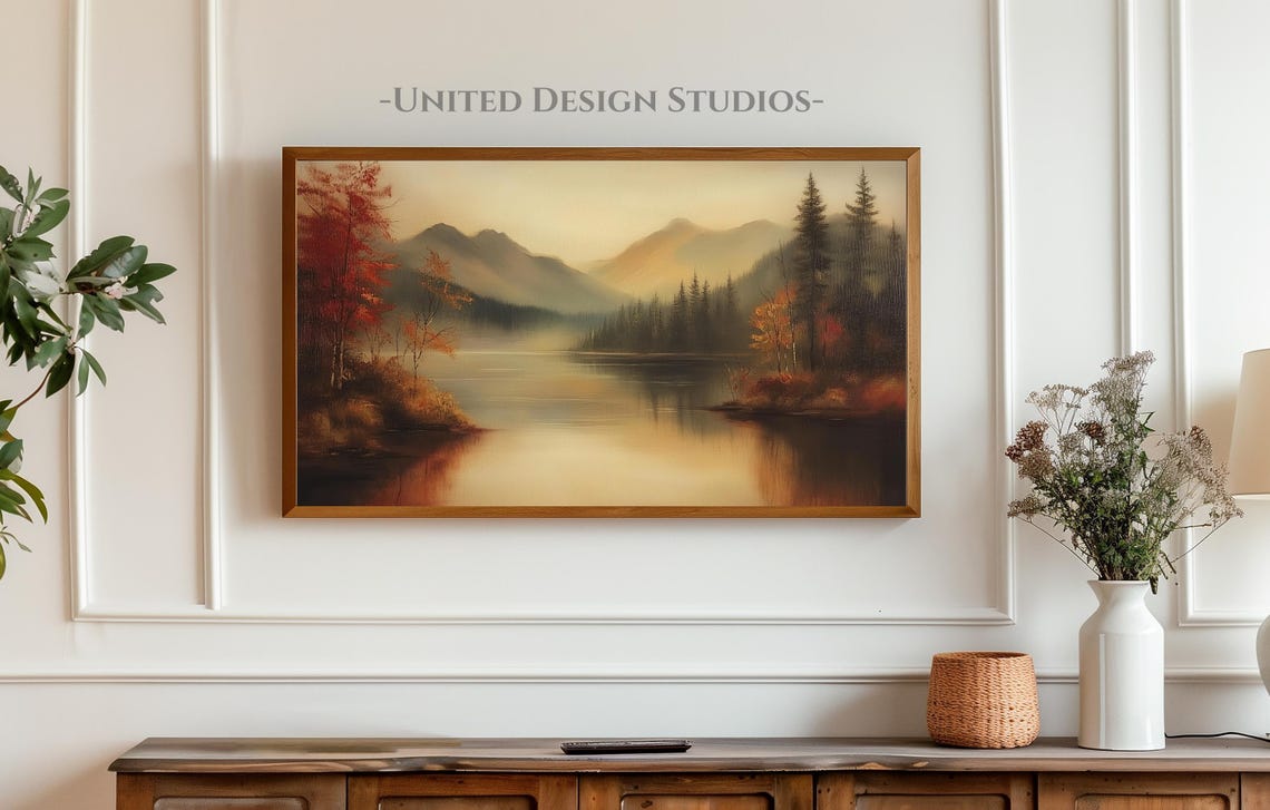 Fall Mountain Lake Misty Autumn Landscape Oil Painting Poster - Image 4