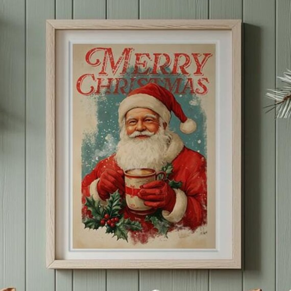 Merry Christmas Santa Claus Hot Cocoa Vintage Holiday Poster