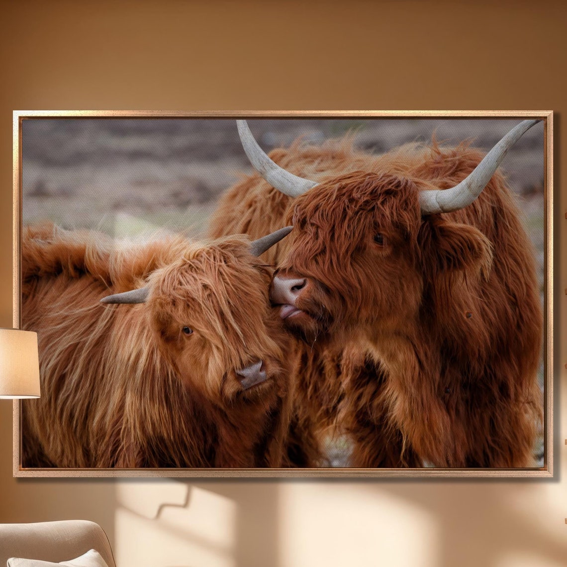 Scottish Highland Cows Nuzzling Cute Farm Animal Rustic Large Wall Art