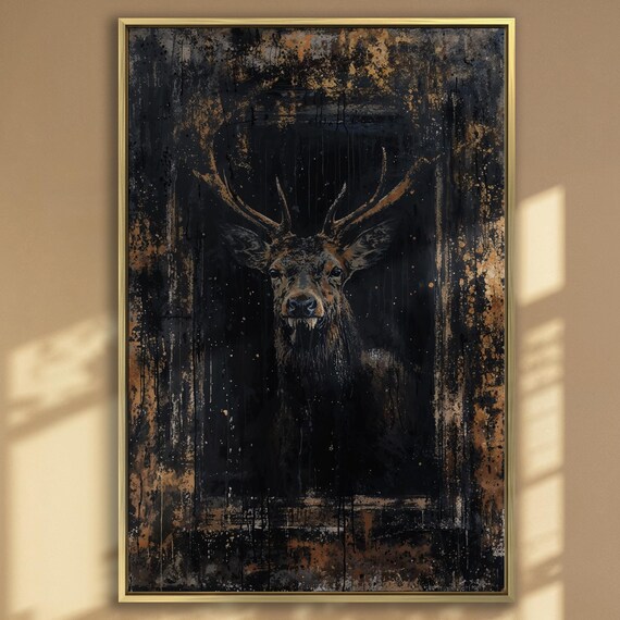 Dark Abstract Stag Portrait Gold Splatter Moody Deer Painting Poster