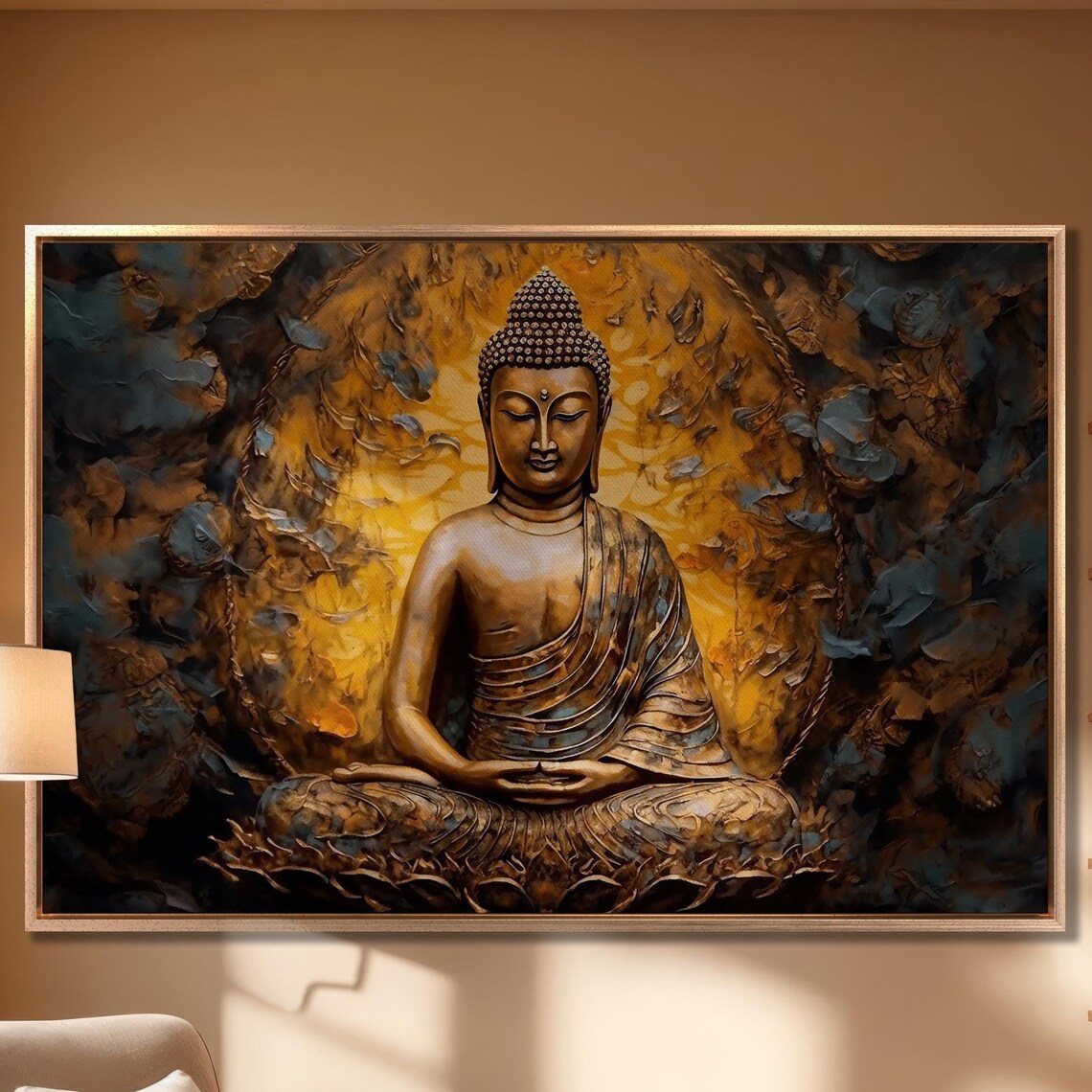 Golden Buddha with Radiant Halo Dark Spiritual Meditation Poster