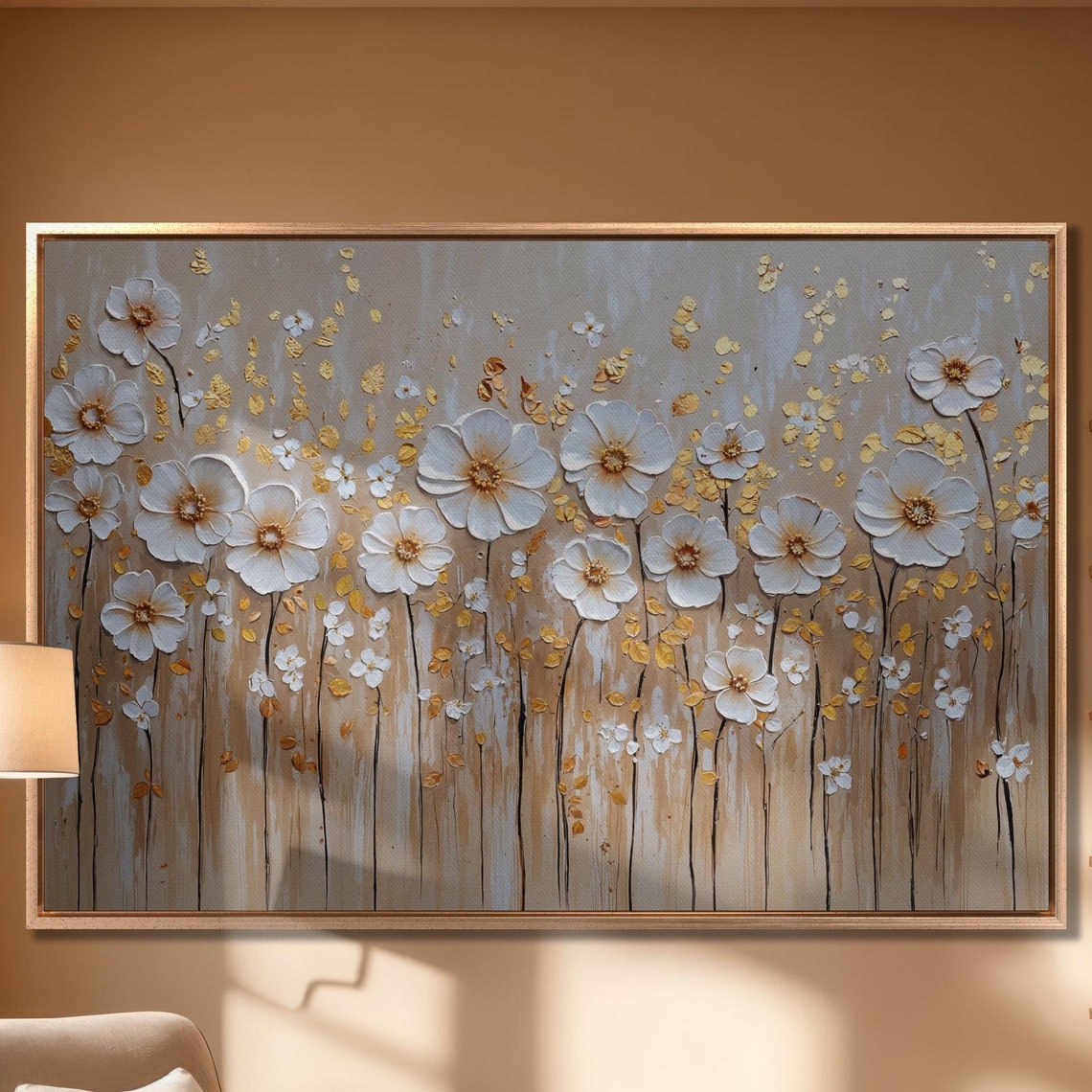 White Flowers Field with Gold Petals Impasto Meadow Elegant Art Poster