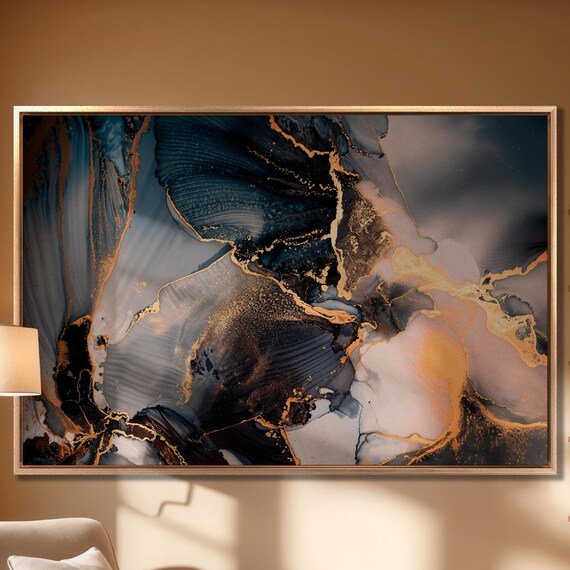 Abstract Wall Art Luxury Abstract Fluid Art Painting Print Alcohol Dark Blue Gray And Gold Paints Marble Stone Marble Large Wall Art