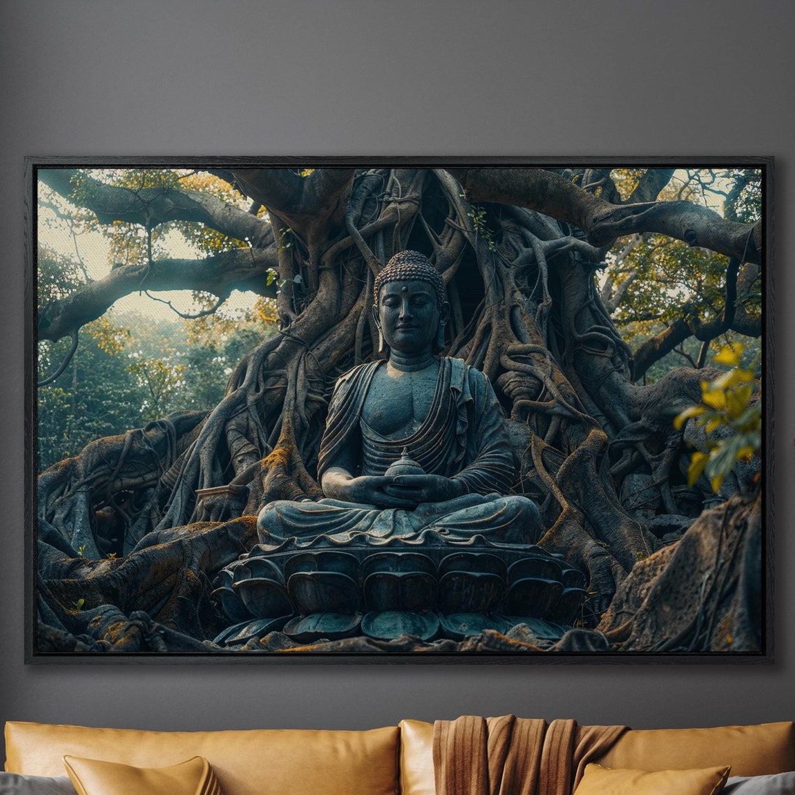 Buddha Statue Meditating Beneath Ancient Banyan Tree Roots Poster