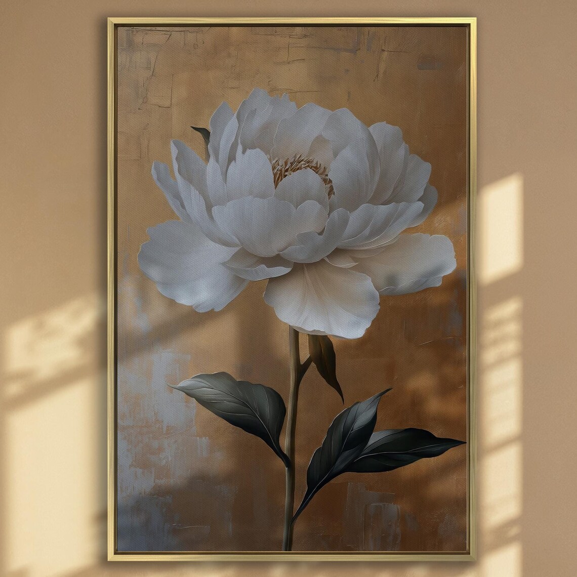 Elegant White Peony Flower On Bronze And Gold Background Art Poster