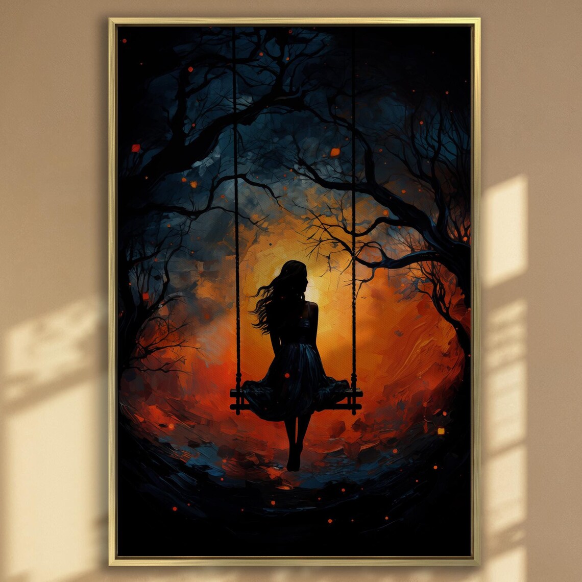 Girl on Swing Silhouette Fiery Sunset Moody Dark Fantasy Art Poster