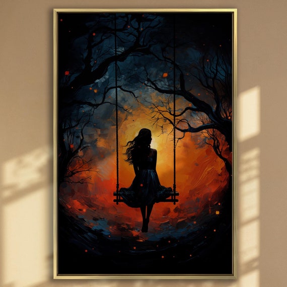 Serene Sunset Silhouette Canvas Wall Art Girl On A Swing Oil Painting Print Peaceful Atmosphere Decor Relaxation