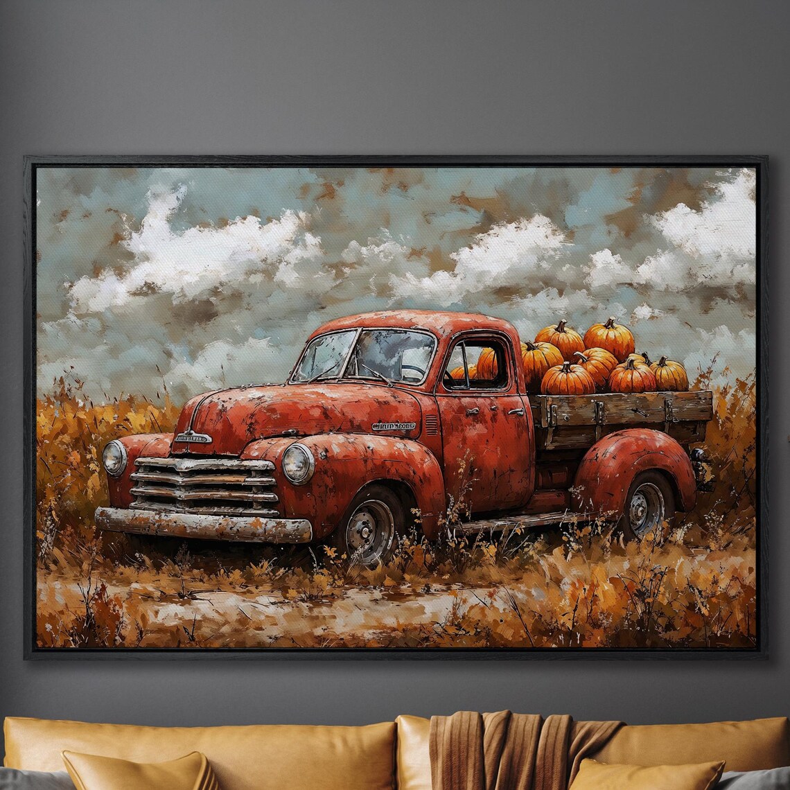 Vintage Red Chevrolet Pickup Truck Loaded With Pumpkins Poster