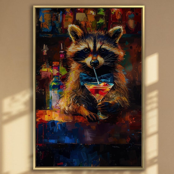 Anthropomorphic Raccoon in Bar, Humorous Animal Art Print