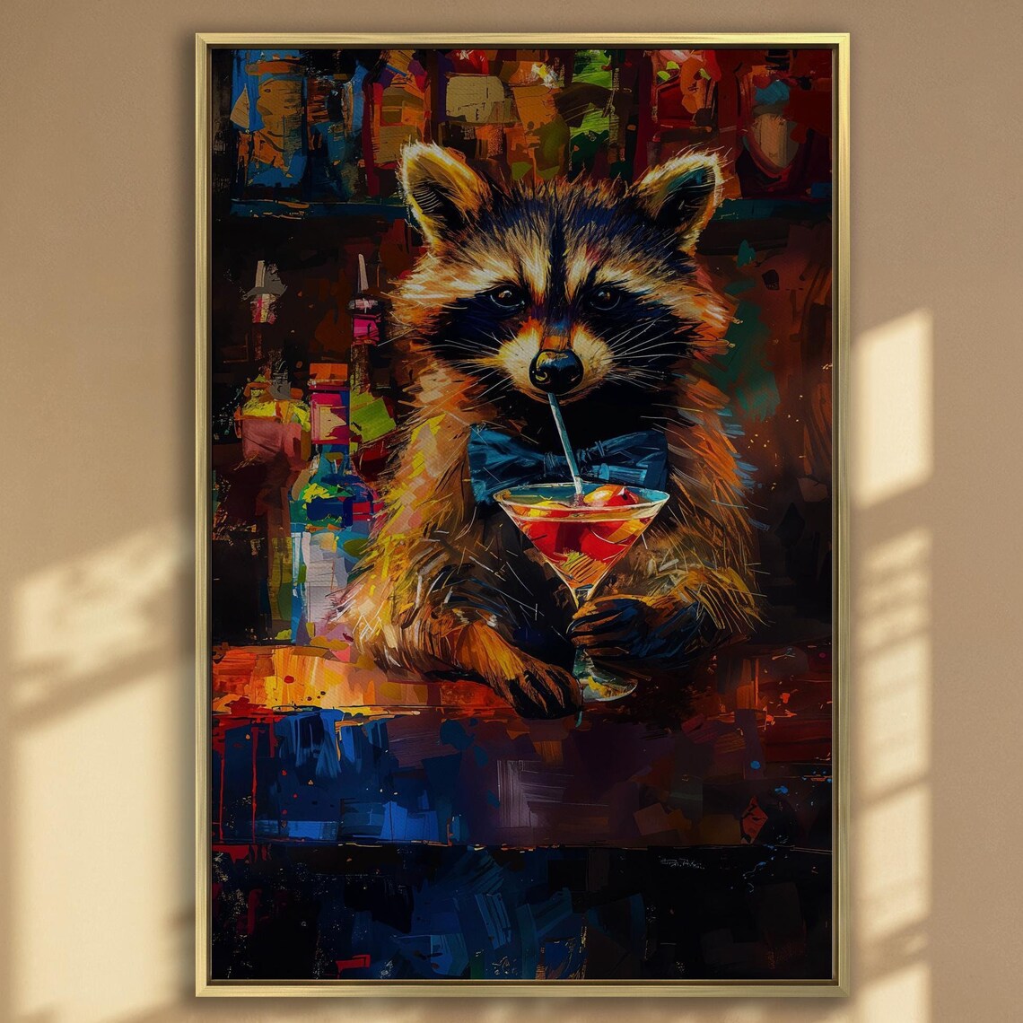 Anthropomorphic Raccoon in Bar, Humorous Animal Art Print