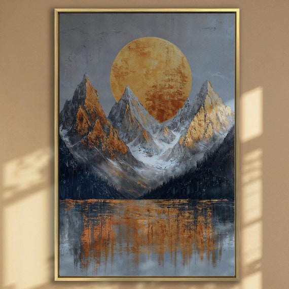 Gold Sun And Mountains Wall Art Mountain Lake Painting Print Living Room Wall Decor Abstract Nature Landscape Poster Ready To Hang