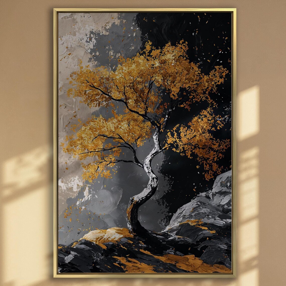 Windswept Golden Tree On Dark Rocks Black Gold Impasto Poster