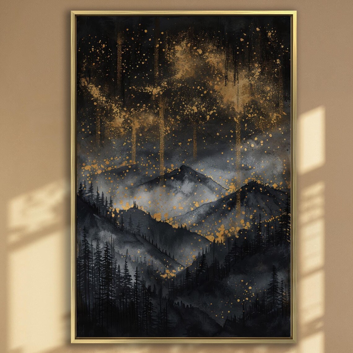 Black And Gold Mountain Night Landscape With Golden Mist Poster