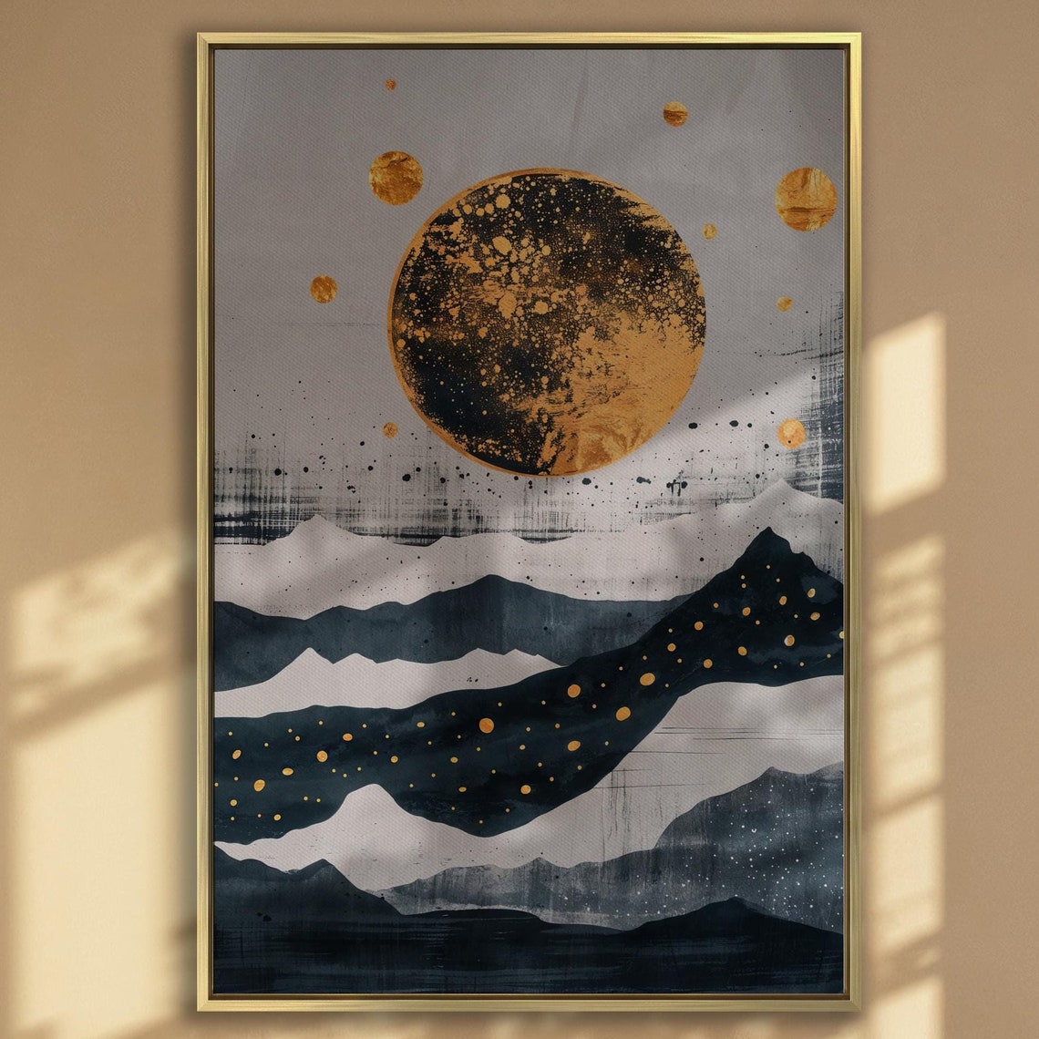 Golden Moon Painting Print Abstract Layered Mountains Wall Art Celestial Theme Poster Vertical Minimalist Decor Ready To Hang