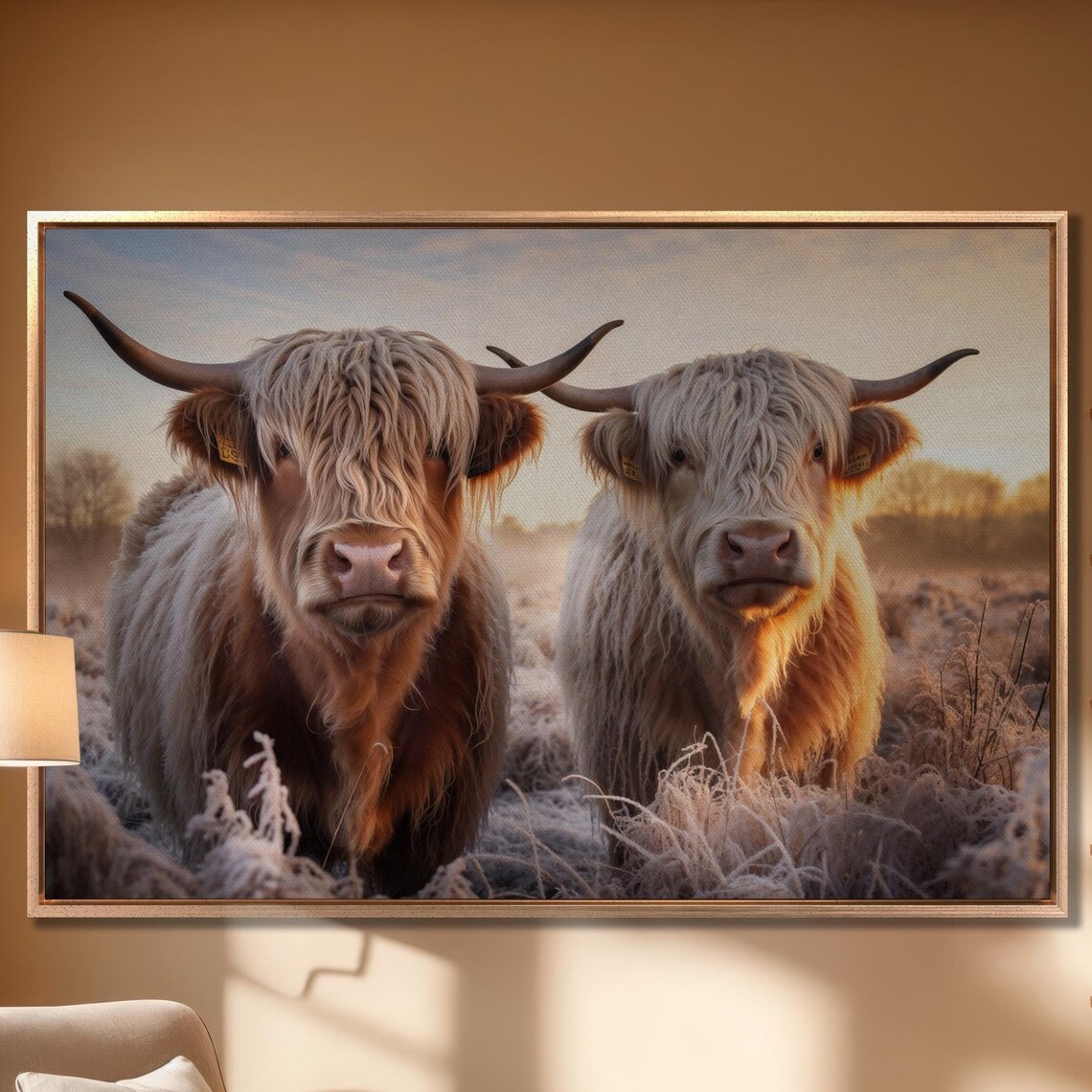 Two Highland Cows In Frosty Sunrise Field Farmhouse Wall Art