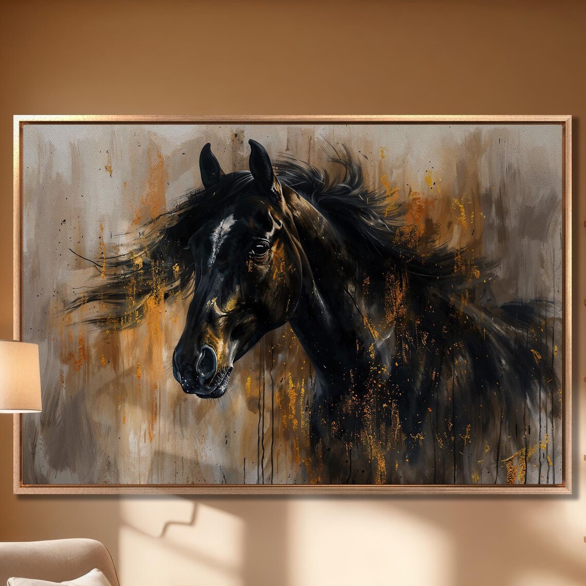 Black Stallion Profile In Warm Gold Abstract Equine Painting Poster