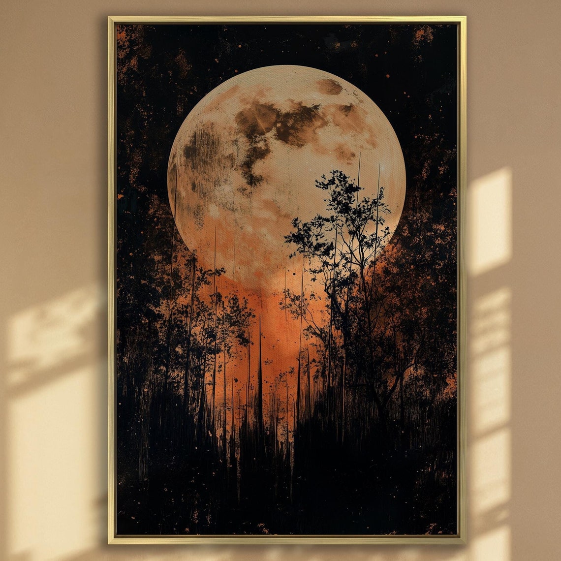 Full Moon Rising Over Dark Forest Silhouette Dramatic Night Poster