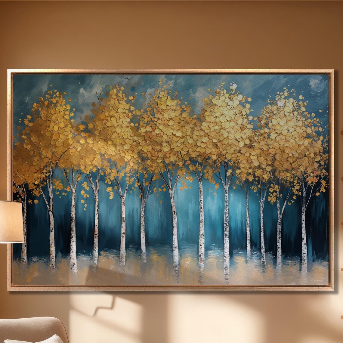 Golden Canopy Birch Trees by Teal Water Reflection Elegant Art Poster