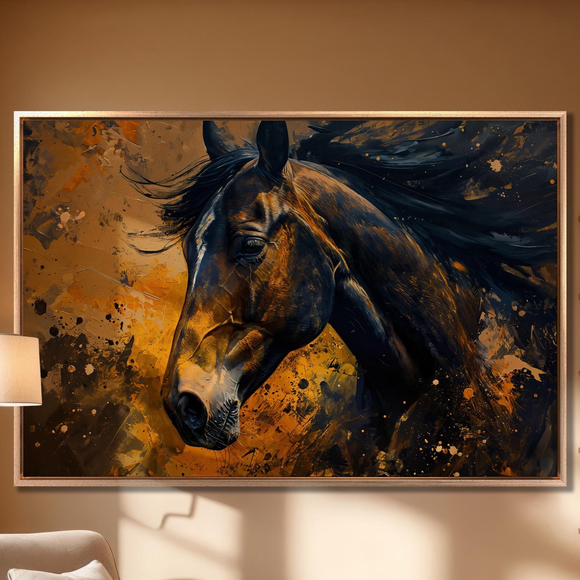 Dark Brown Horse Portrait Amber Paint Splash Rustic Wall Art