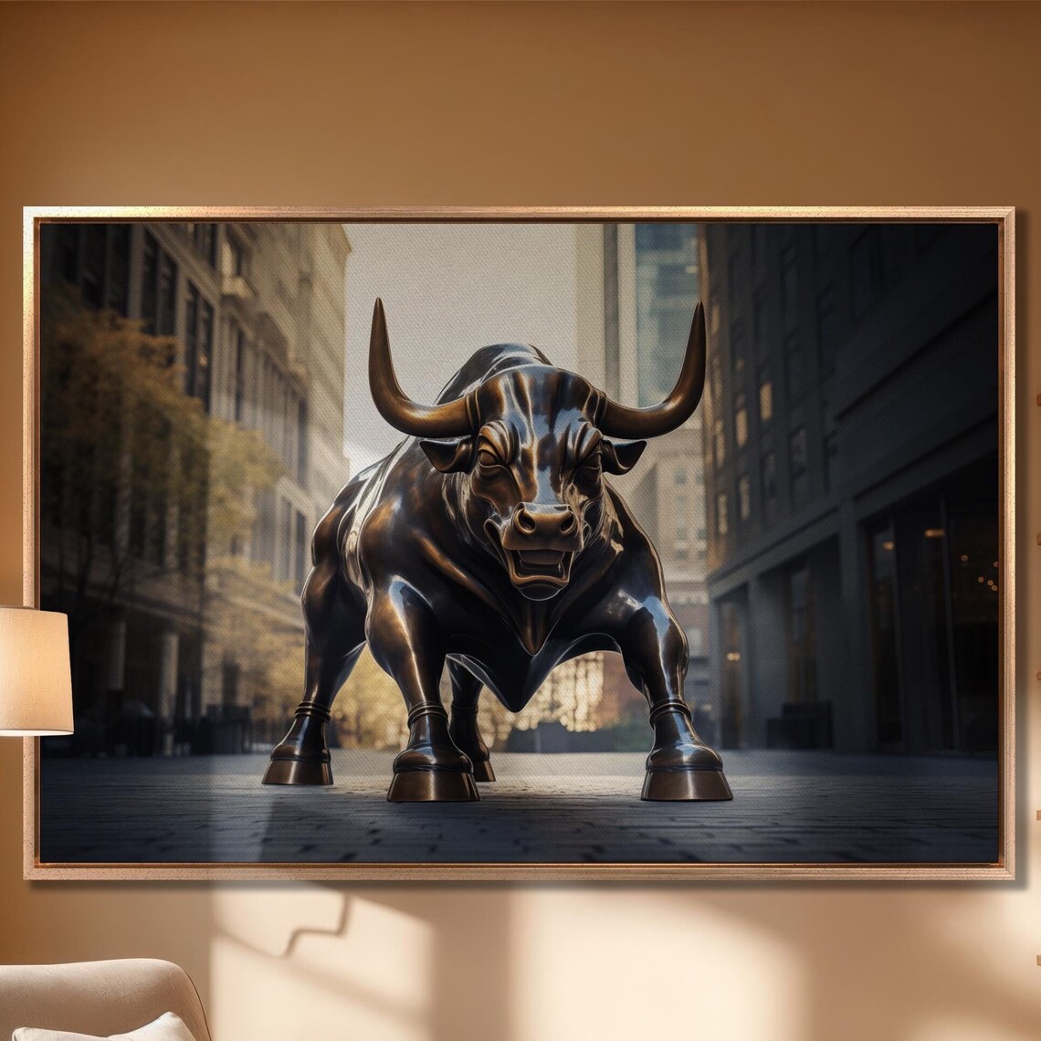 Charging Bull Statue City Street Financial Power Decor Wall Art