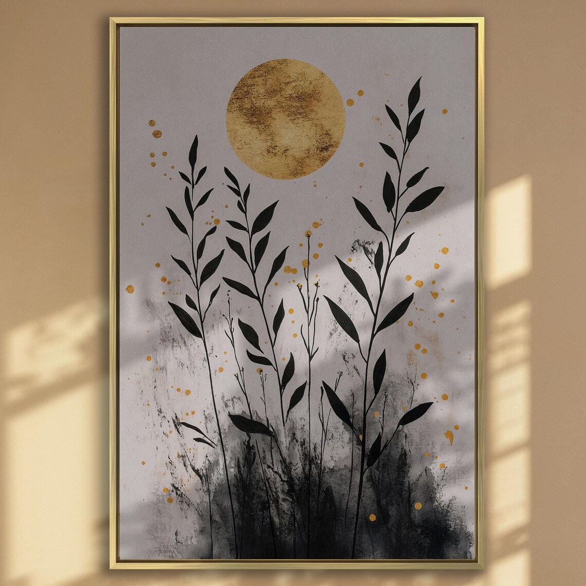 Minimalist Gold Moon With Tall Black Leafy Branches Art Print