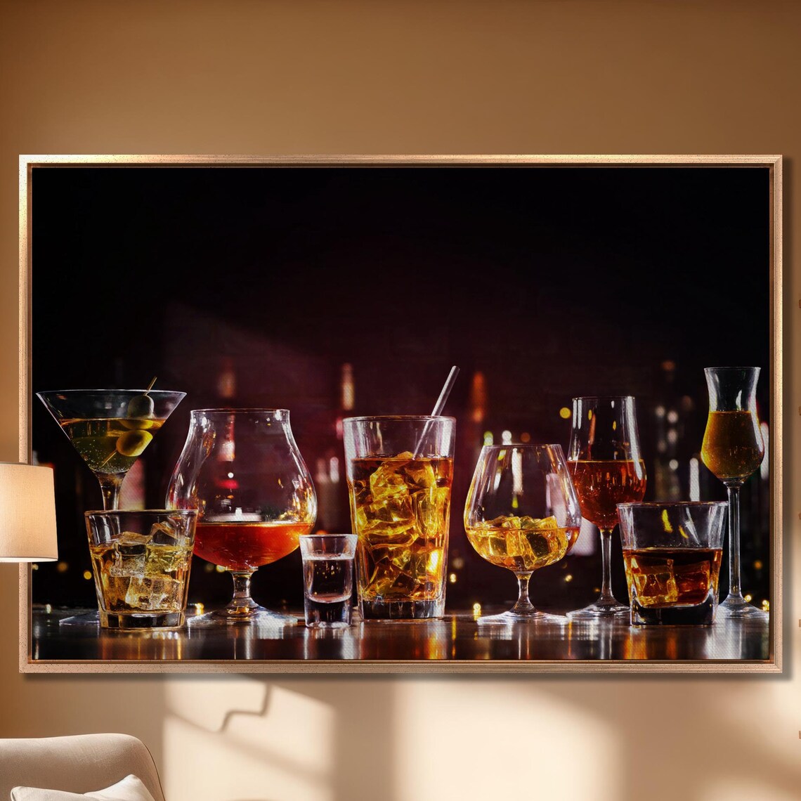 Strong Spirits In Glasses, Bar Counter Art Print