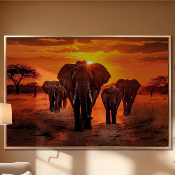 African Elephants Herd Walking Sunset Savanna Wildlife Large Wall Art