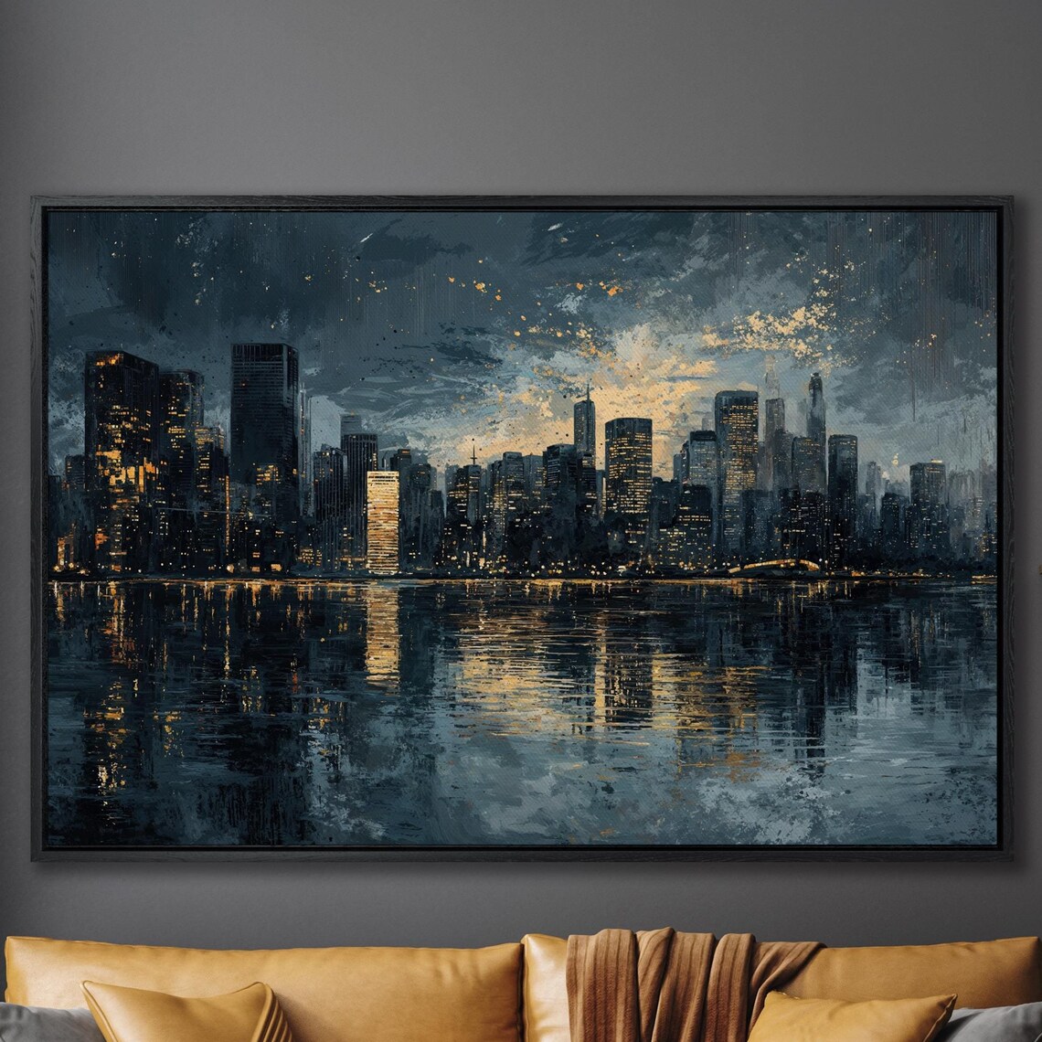 Night City Skyline with Glowing Lights Water Reflection Art Poster