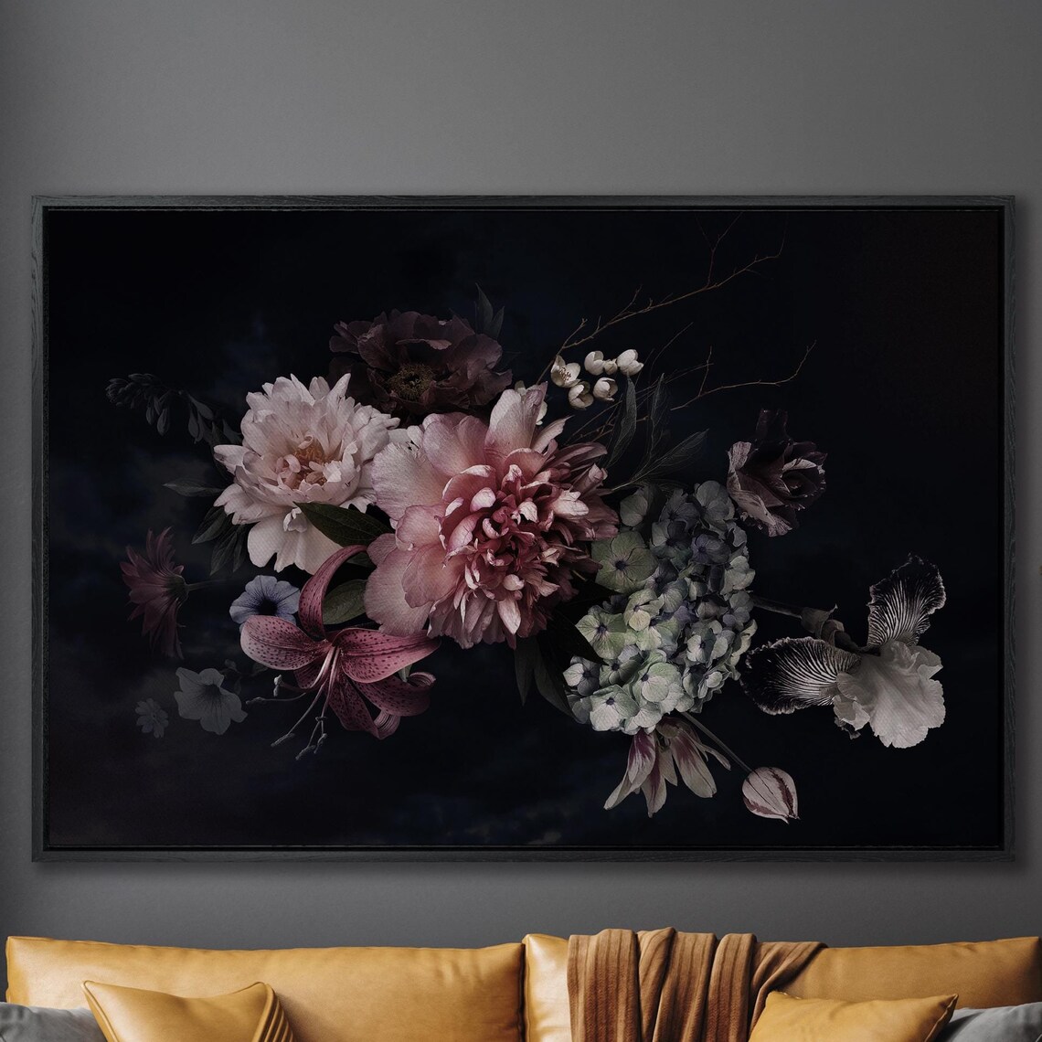 Dark Floral Bouquet Oil Painting Peonies Lilies Moody Botanical Poster