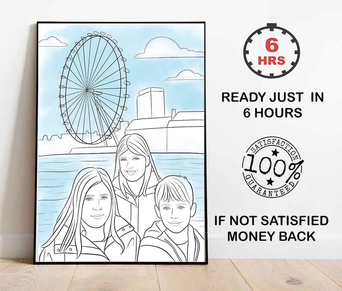 Kids Line Art Portrait With Ferris Wheel Watercolor Background Poster