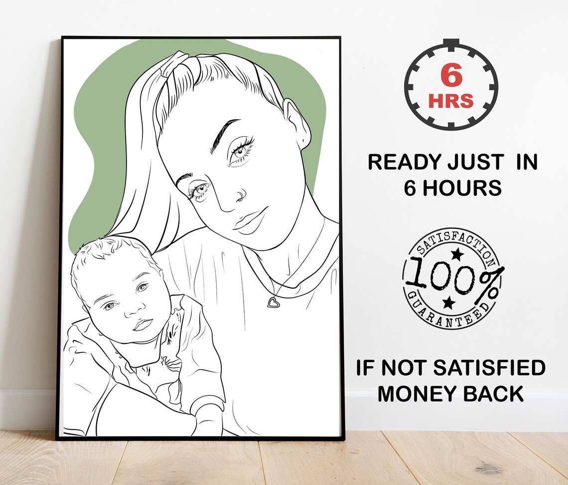 Mother and Baby Line Art Portrait on Sage Green Background Poster