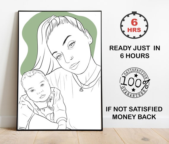 Mother and Baby Line Art Portrait on Sage Green Background Poster