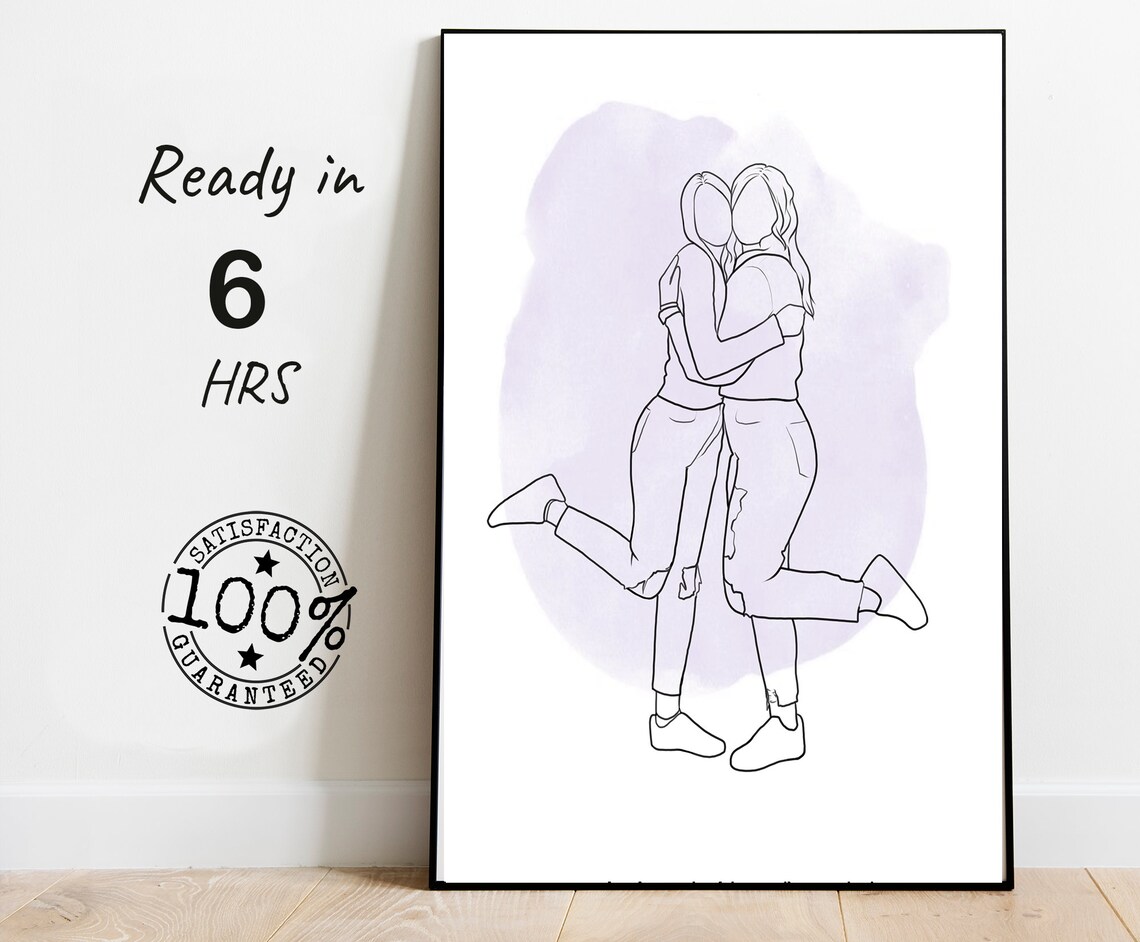 Best Friends Hug Faceless Line Art Portrait In Lavender Poster