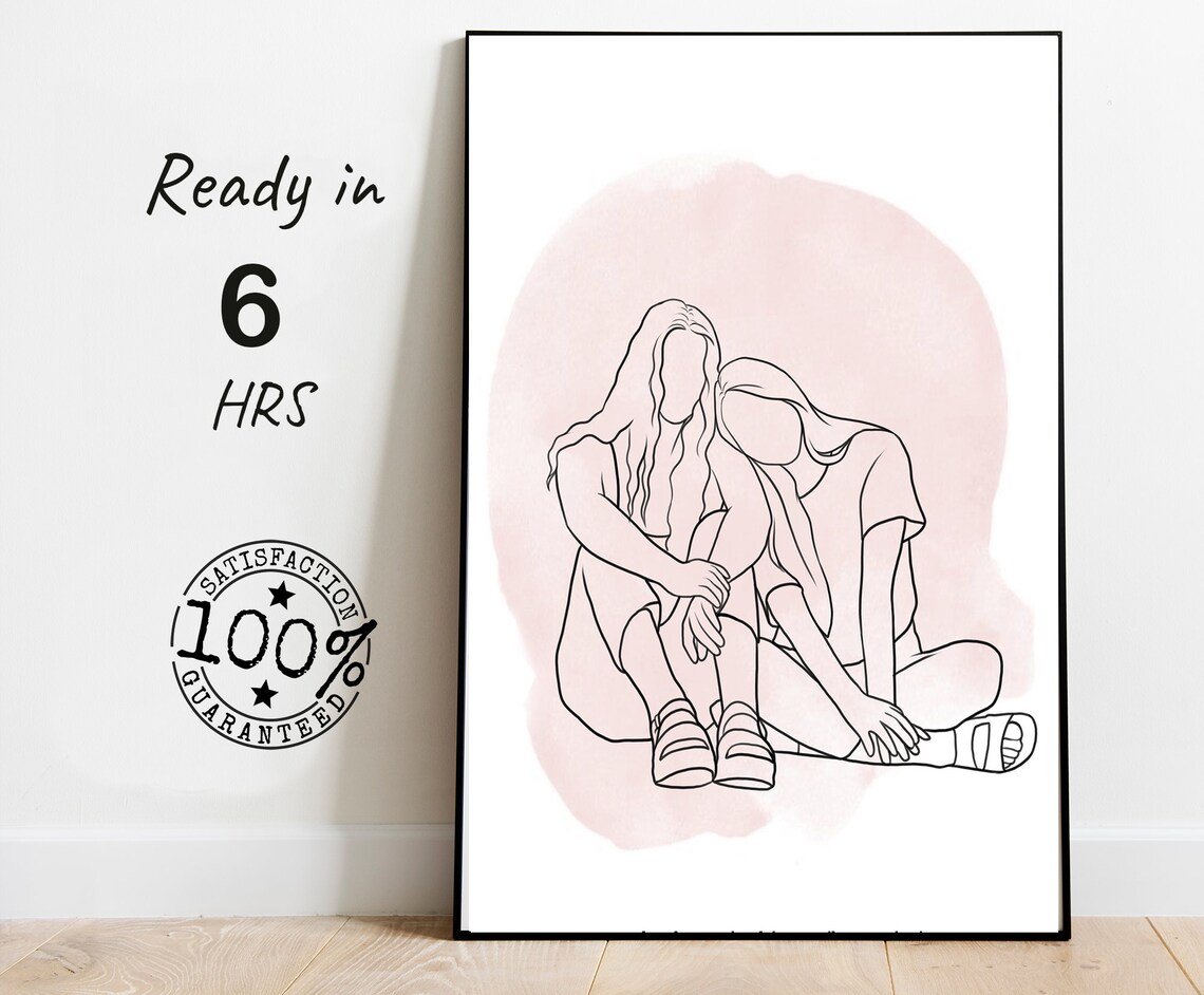 Two Friends Faceless Line Art Portrait Pink Wash Best Friend Poster