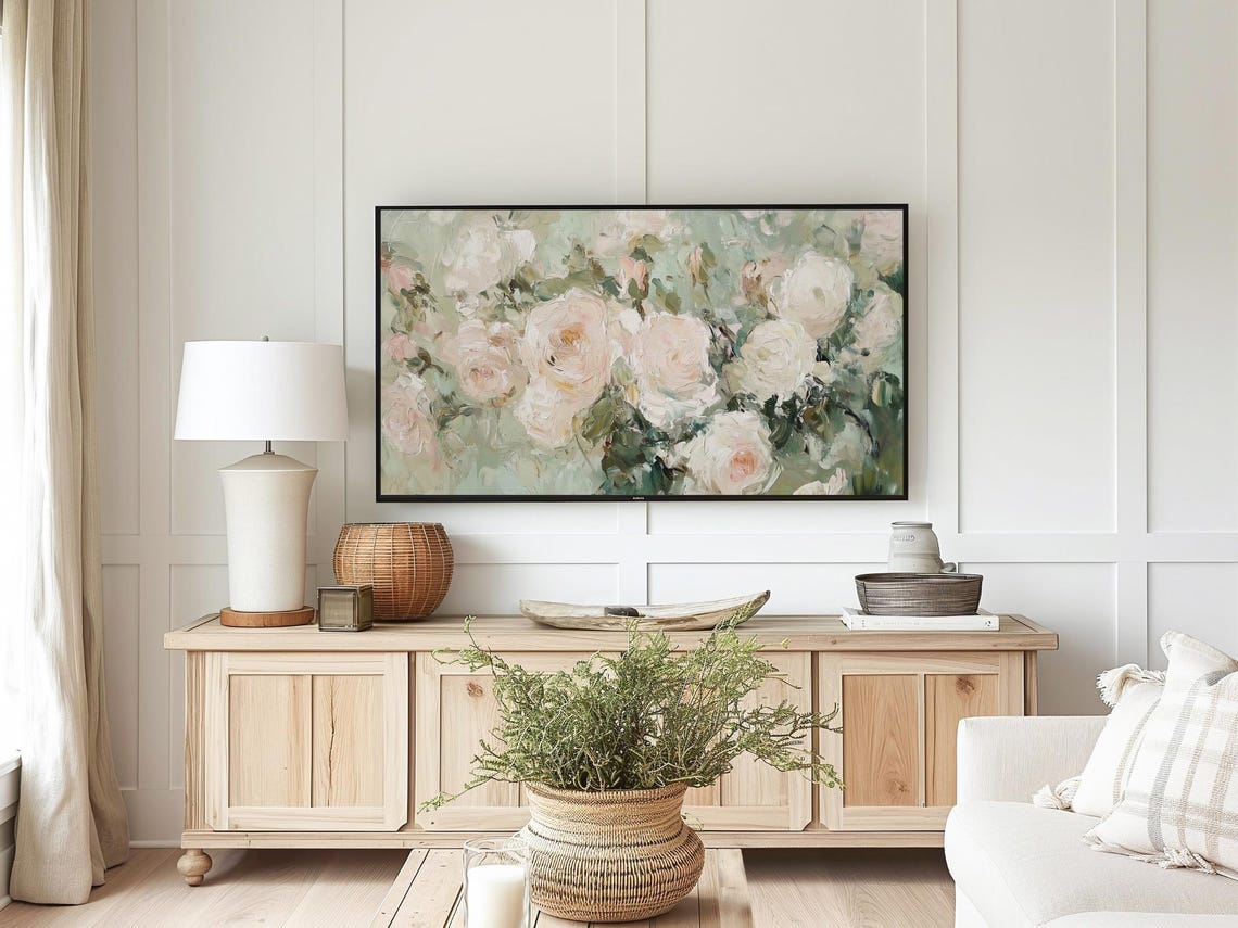 Blush Pink Roses Botanical Textured Oil Painting Frame TV Art Poster - Image 4