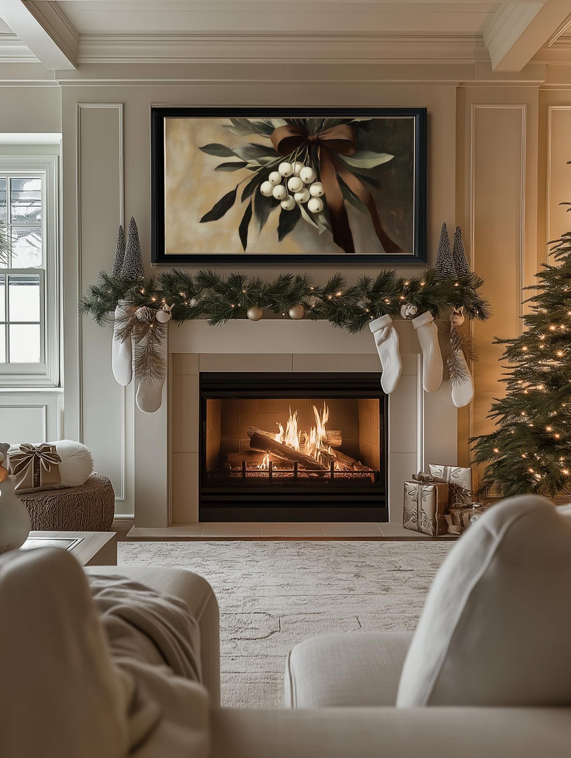 Mistletoe White Berries Brown Ribbon Moody Christmas Botanical Poster - Image 2