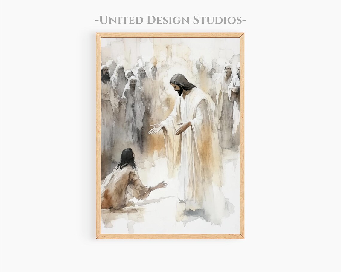 Jesus Helping a Woman Watercolor Christian Art Print
