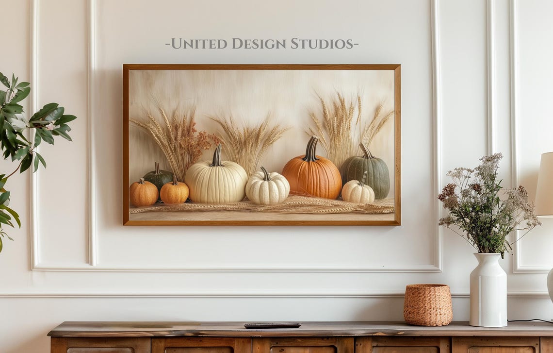 Neutral Pumpkins Wheat Stalks Fall Still Life Farmhouse Art Print - Image 3